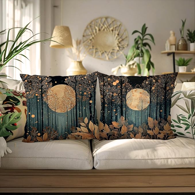 Vintage William Morris Inspired Gold Forest Moon Pillow Covers 18x18 Set of 2,Rustic Black and Gold Moon Landscape Nature Botanical Decorative Throw Pillow Covers for Home Bedroom Living Room