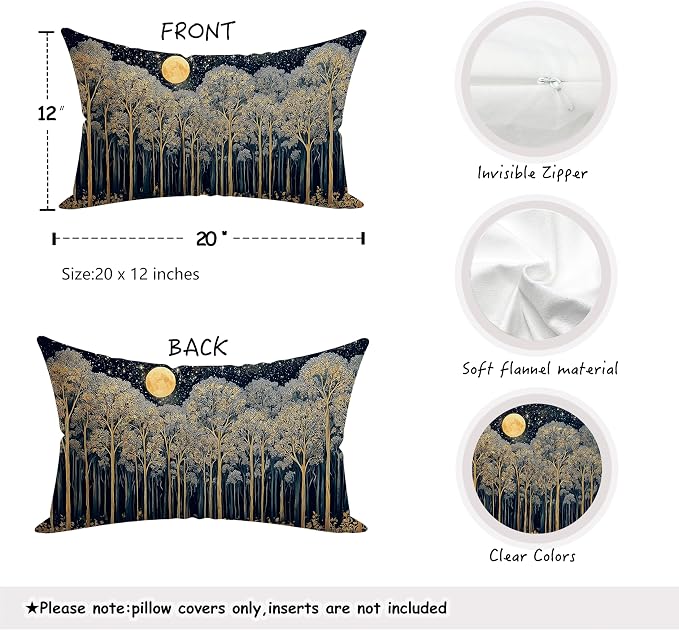 Rustic Dark William Morris Night Forest Moon Decor Pillow Covers 20x12,Vintage Gold Botanical Nature Landscape Decorative Throw Pillow Covers for Home Bedroom Living Room