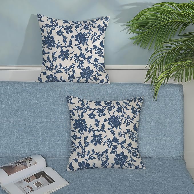Floral Pillow Covers 18x18 Inch Set of 2 Block Print Blue Flower Throw Pillow Covers Outdoor Decor Boho Vintage Flower Decoration Pillowcase Farmhouse Decorative Cushion Cover for Home Sofa