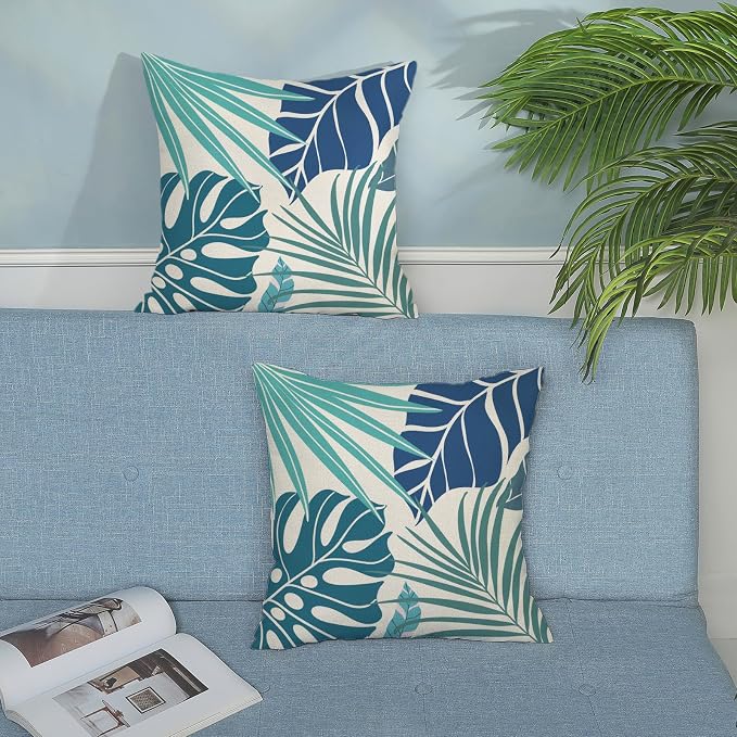 Tropical Pillow Covers 22x22 Set of 2 Navy Blue Aqua Teal Monstera Palm Leaf Pillowcase Tropical Summer Outdoor Decorations Throw Pillows Linen Decor Botanical Plant Cushion Case for Home Bed