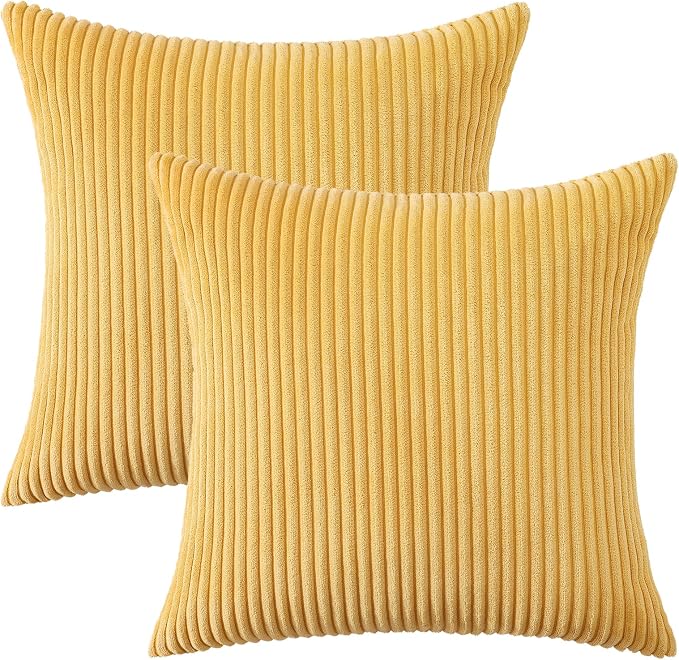 Mecatny Corduroy Fall Throw Pillow Covers 20x20 Set of 2 Mustard Yellow | Soft Striped Texture, Hidden Zipper Design, Neutral Boho Square Pillow Cases for Sofa Couch Living Room Bedroom, Home Décor