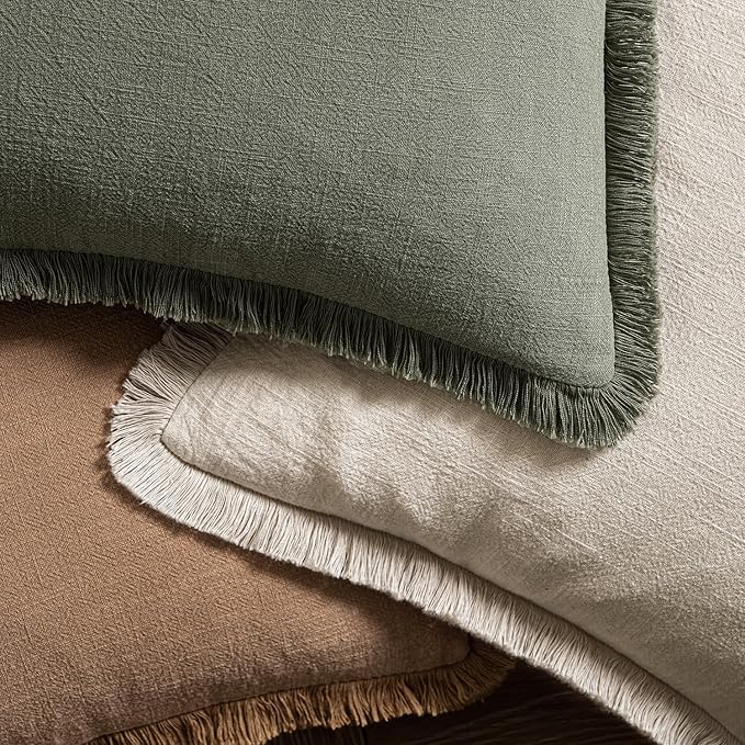 MIULEE Linen Fringe Decorative Throw Pillow Covers Light Olive Green 18x18 | Set of 2, Cottagecore Decor, Boho Farmhouse Neutral Pillow Covers, Rustic Couch Cushion Cases for Sofa Bed Living Room