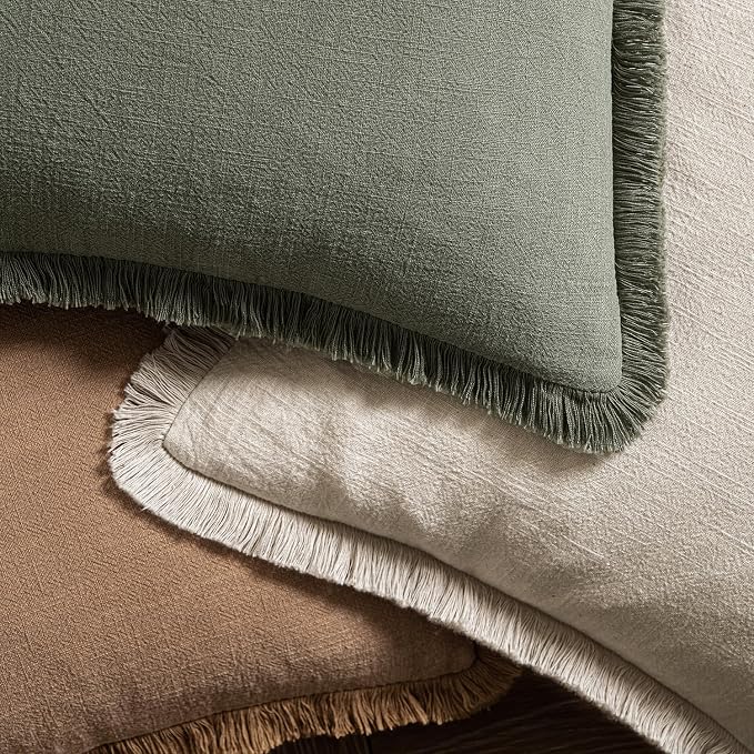 MIULEE Linen Fringe Decorative Fall Lumbar Throw Pillow Covers Brown 12x20 | Set of 2, Cottagecore Decor, Boho Farmhouse Neutral Pillow Covers, Rustic Fall Couch Cushion Cases for Sofa Bed Living Room