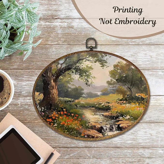 LKETW Vintage Rustic Cottagecore Oval Wall Art Decor, Farmhouse Cottage Oval Canvas Hanging Decor, Country Floral Botanical Landscape Wall Decorations for Home Bedroom Living Room, 11.4x8.6 Inch