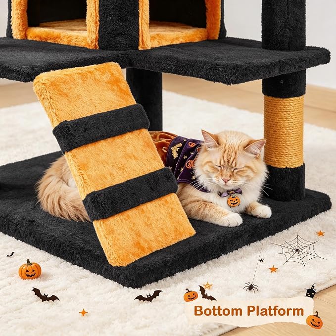 Yaheetech 54in Gothic Cat Tree, Multilevel Indoor Halloween Cat Tower | Activity center with cute kitten-ear perch, scratching posts, 2 kittens caves, black/pumpkin orange halloween decor