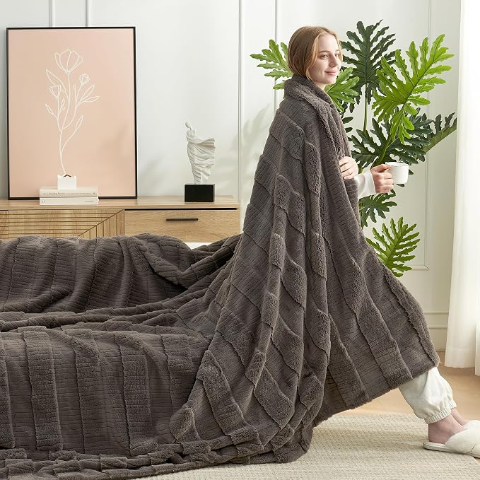 Luxury Striped Faux Fur Throw Blanket for Couch, Soft Cozy Fuzzy Fluffy Soft Plush Blankets Sofa Chair Gift Blankets for Women, 60"x80", Charcoal Gray