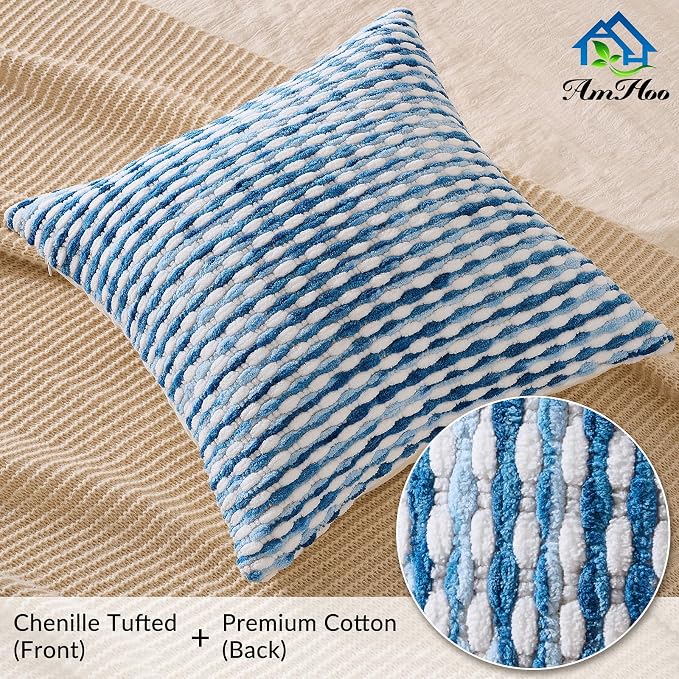 Set of 2 Boho Chenille Pillow Cover Decorative Tufted Pillowcase for Couch Bed Sofa Bedroom Living Room Modern 18 x 18-Inch Sky Blue