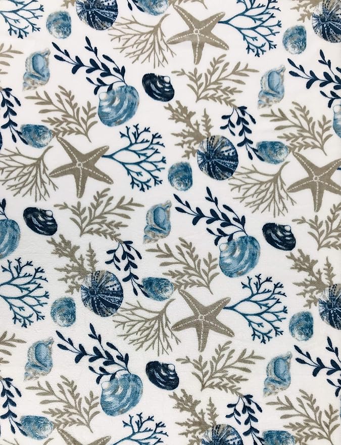 Coastal Ocean Beach Throw Blanket, Blue Gray Taupe White, 50x70 Oversized | Soft Plush Velvet Fleece, Seashell Beach Hues, Accent for Sofa Couch Chair Bed or Dorm, Washable & Durable, Extra Large Size