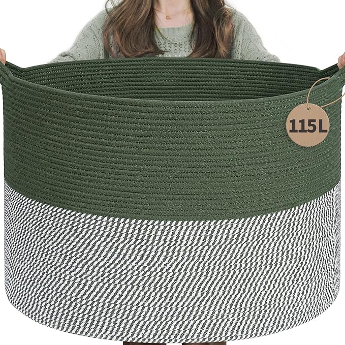 INDRESSME 115L Extra Large Woven Rope Blanket Basket Living Room Green | 23.6" x 15.7" Storage baskets for toys laundry & pillows. Fits living room, bedroom or nursery décor. Soft-touch with handles