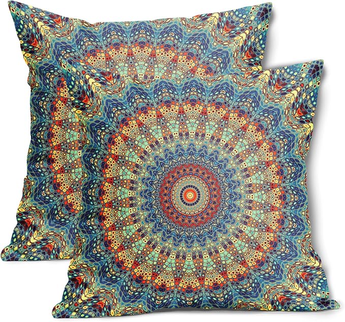 Boho Mandala Floral Pillow Covers 22X22 Inch Set of 2 Navy Blue Orange Abstract Flower Decorative Pillow Cases Colorful Retro Ethnic Cotton Linen Cushion Case Home Decor For Sofa Couch Porch Outdoor