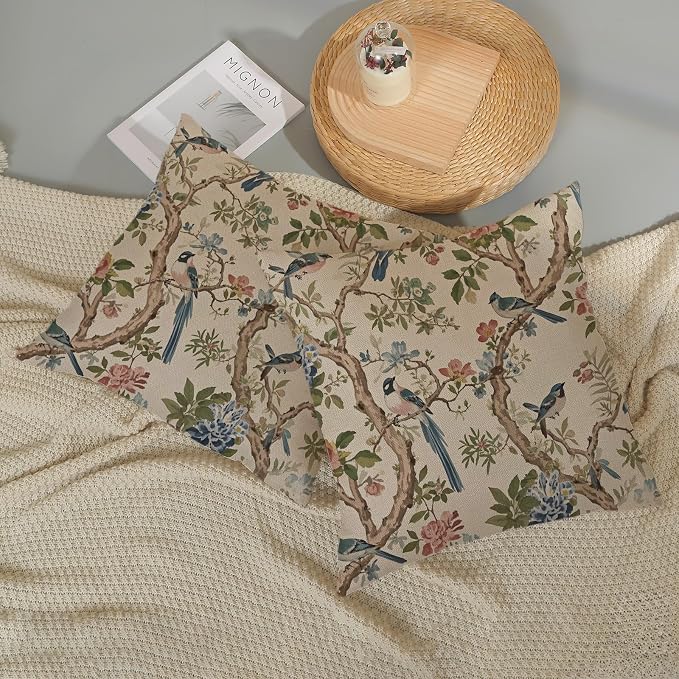 Navy Blue Green Flower Bird Pillow Covers 18x18 Set of 2 Chinoiserie Floral Throw Pillows Vintage Bird Decorative Pillow Cases Outdoor Chinoiserie Decor Farmhouse Cushion Case for Couch Sofa