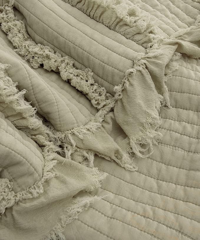 Ultra Soft Pre-Washed Quilted Throw Blanket, Ruffle Fringed Olive Green Decorative Throw, Sage Green Stone Washed Chic Rustic Blanket for Sofa Couch Bed, 50"x 60"