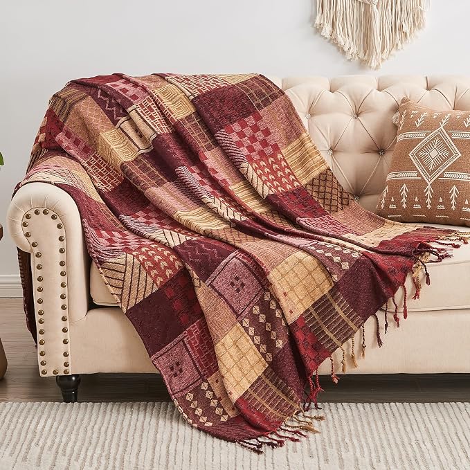 Boho Throw Blanket,Patchwork Large Blankets for Sofa Double Bed Armchair Couch,Weighted Soft Furniture Throws,Tassels Chenille Throws and Blankets for Bohemian Decor (60"*75")…