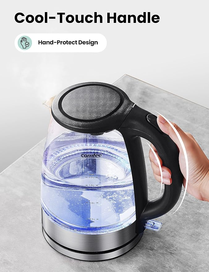 COMFEE' Glass Electric Tea Kettle & Hot Water Kettle Electric, 1.7L Electric Kettle with LED Indicator, 1500W Fast Boil, Auto Shut-Off and Boil-Dry Protection