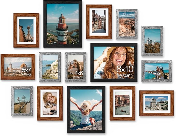 Vittanly 15 Pack Gallery Wall Frame Set, Black, Walnut Brown, Grey | Picture Frames Collage Wall Decor: 3pcs 8x10, 6pcs 5x7, 6pcs 4x6. Picture Frame Set for Wall or Tabletop Display