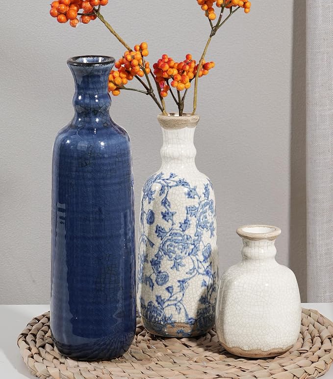 Ceramic Vase Set, 3Pcs Flower Vases for Modern Boho Farmhouse Decor, Decorative Vases for Pampas Grass & Dried Flowers, Distressed Finish