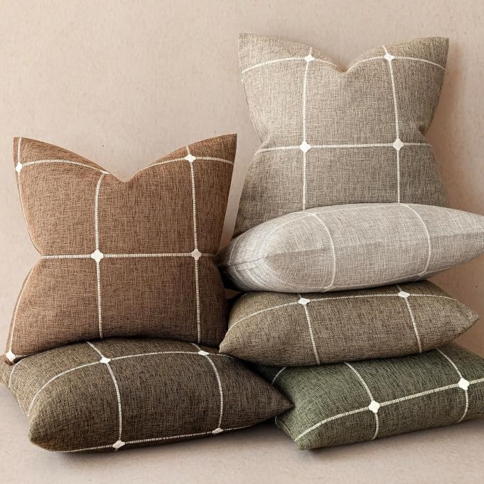 Foindtower Pack of 2 Decorative Faux Linen Jacquard Check Throw Pillow Covers Farmhouse Cushion Cover with Grid Textured Accent Pillowcase for Couch Sofa Living Room Home Decor,16×16 Inch,Orange Brown