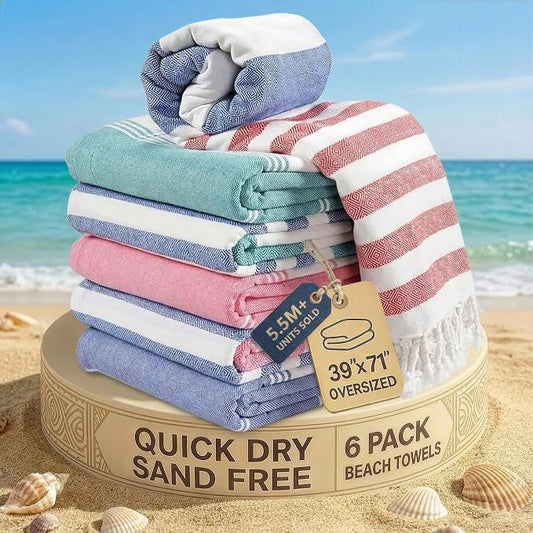 LANE LINEN Beach Towels 6 Pack - Oversized & Pre-Washed Large Beach Towel Set - Stylish Pool Towels for Adults, Quick Dry, Soft & Lightweight Lightweight Travel Towel Pack, 39"x71" - Coastal Harmony