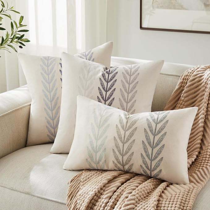 Farmhouse Leaves Throw Pillow Covers Set of 2, 18x18in Mixed Grey | 100% Organic Cotton, Rustic Accent Print Pillow Case, Pastoral Decorative Cushion Covers for Sofa Bed Living Room Home Decor
