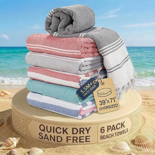 LANE LINEN Pool Towels, Turkish Beach Towels Oversized Set of 6, Pre-Washed,No Shrink, Quick Dry Travel Towel,Stylish Beach Towel for Women, Absorbent & Sand Free Towel, 39"x71"