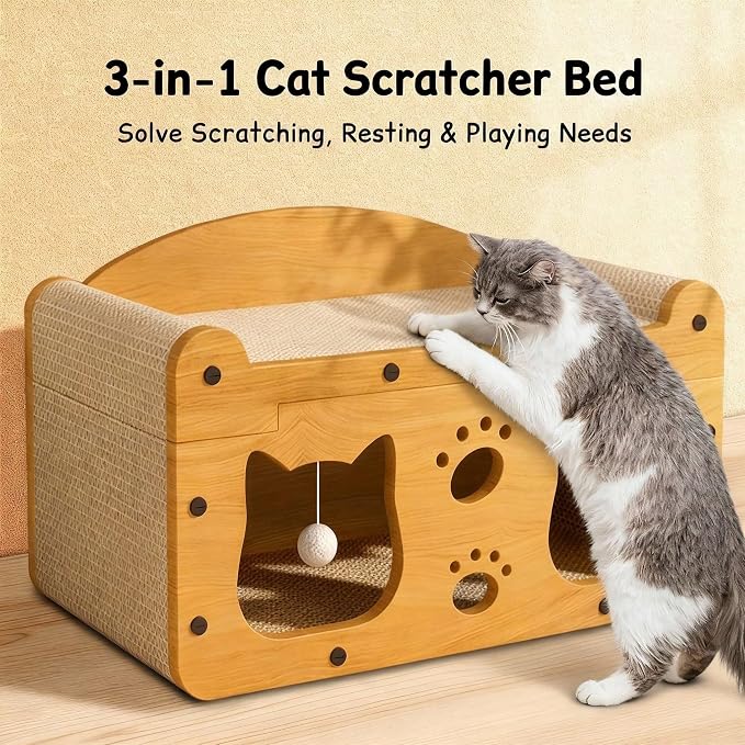 3-in-1 Scratcher Cat House – Save Your Furniture Combines Play Cave, Cozy Bed & Scratching Pad. Durable Cardboard, Reduces Stress. Ideal for Indoor Cats Who Love to Scratch, Play & Nap (MD-CAT1)