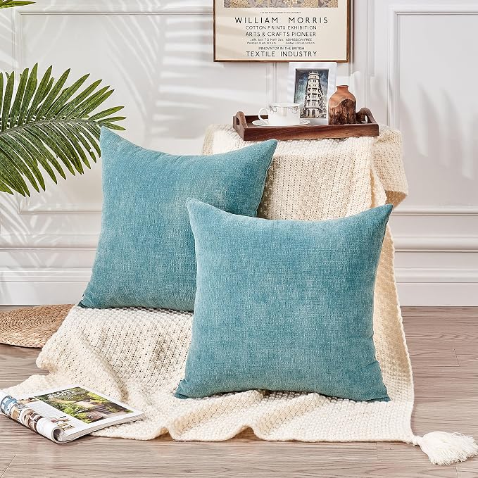 GAWAMAY Decorative Square Throw Pillow Covers 18"x18" Inch Set of 2, Super Soft Chenille Pillows Farmhouse Fall Pillowcase for Living Room Bedroom Sofa Couch Cushion Cover Smoke Blue 45x45cm