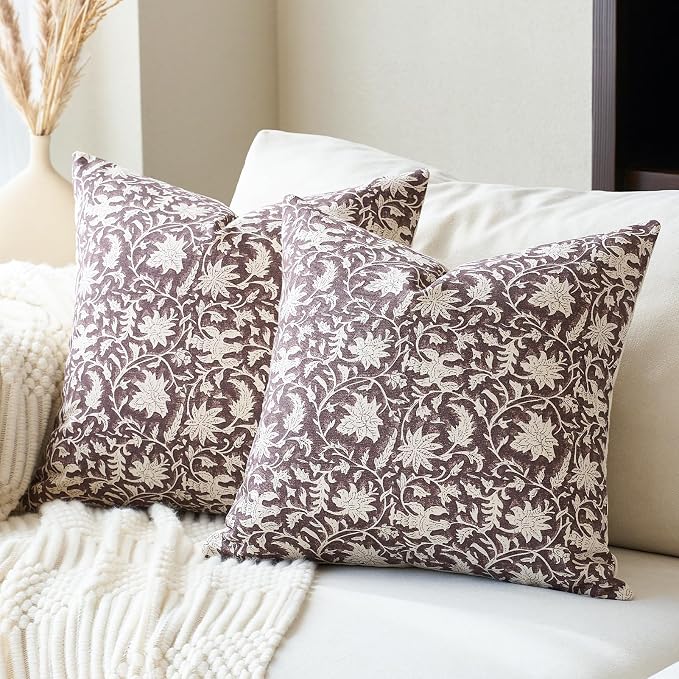 FIOUOVO Floral Throw Pillow Covers 24x24 Farmhouse Block Print Pillow Covers Decorative Pillow Covers Couch Pillows for Living Room Vintage Accent Sofa Pillows Set of 2, Burgundy