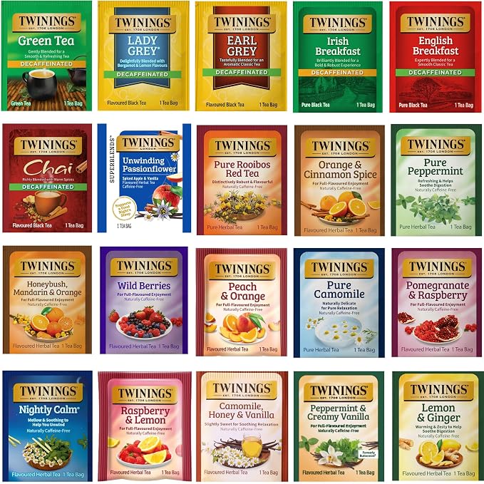 Twinings Herbal & Decaf Tea Variety Pack - Decaf Tea Sampler - Individually Wrapped Herbal Tea Bags, Green Decaf, Lady Grey Decaf, Earl Grey Decaf, Pure Peppermint, Camomile, Rooibos Red, Honeybush Mandarin Orange, Plus 13 More Flavors (Decaf, 1 Count ...