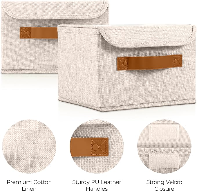 Decorative Linen Storage Boxes with Lids - Spacious Set of 2 Organizer Bins | The Perfect Small Container for Home Decor - Safely Store Photos, Documents and Memory Box Keepsakes in Style