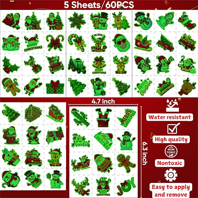Glow In Dark Christmas Temporary Tattoos | Luminous Christmas Decorations Accessories Party Favors Supplies Goodie Bags Stocking Stuffers Xmas Santa Claus Snowman Gift Idea For Kis Teen Adult-60Pcs