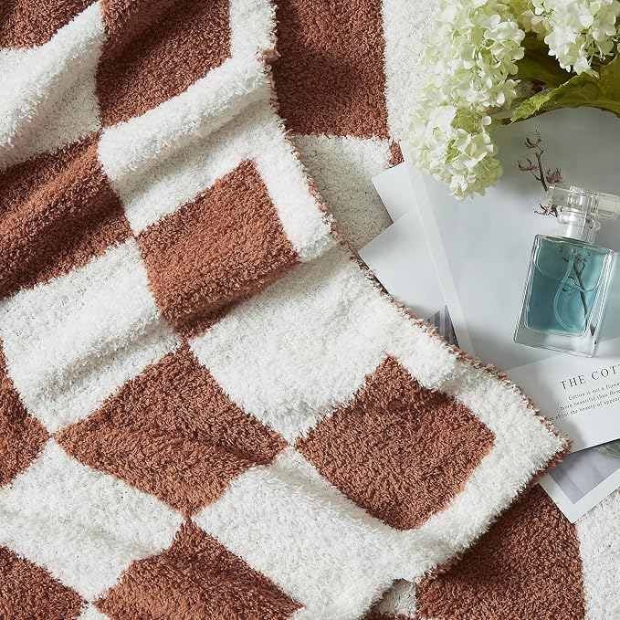 Soft Checkered Throw Blanket for Couch-Cozy Warm Knitted Blankets | Lightweight Warm Fluffy Decor for Women, Mom, Her & Girls, Sofa, Chair, Bed, 50x60in,Autumn Leaf Orange