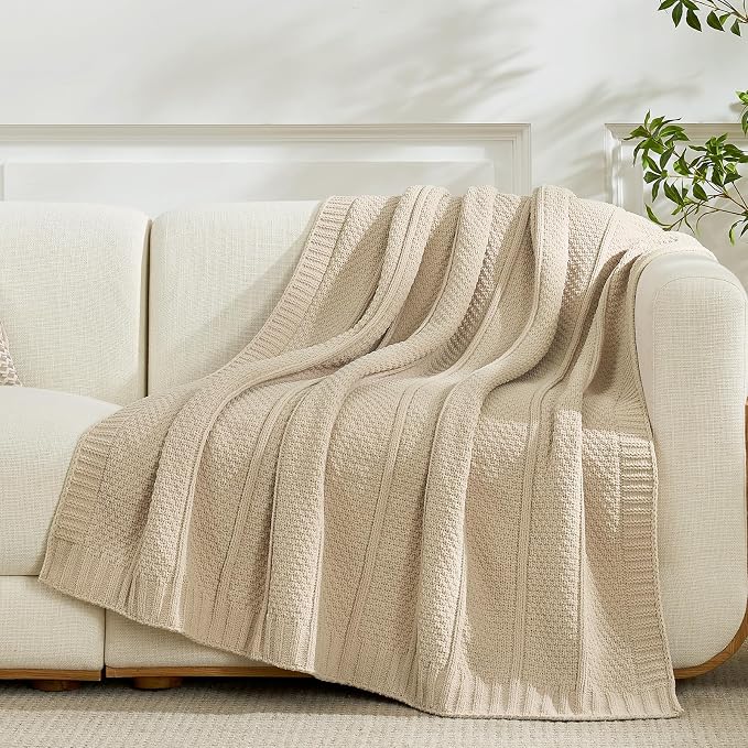 Chenille Throw Blanket for Couch, Soft Cozy Chunky Knit Blanket, Moss Stitch Throw for Sofa, Bed, Living Room, Lightweight Warm Home Decor, Beige 60"x80"