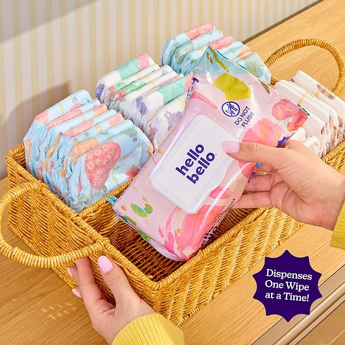 Hello Bello Premium Wipes, Designed for Sensitive Skin with Chamomile & Aloe Extracts, Rosy Posy (18 Resealable Packets = 1080 Total Wipes)
