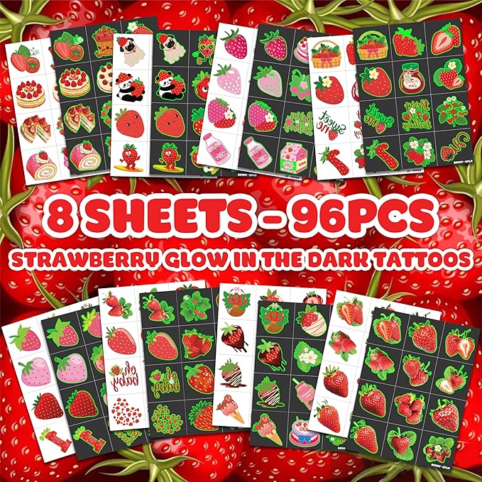 96 PCS Strawberry Berry Pre-Cut Luminous Glow in The Dark Temporary Tattoos for Kids | Super Cute 1st Themed Birthday Party Favors, Supplies, Decorations, Fake Tattoo Stickers Gifts for Boys Girls