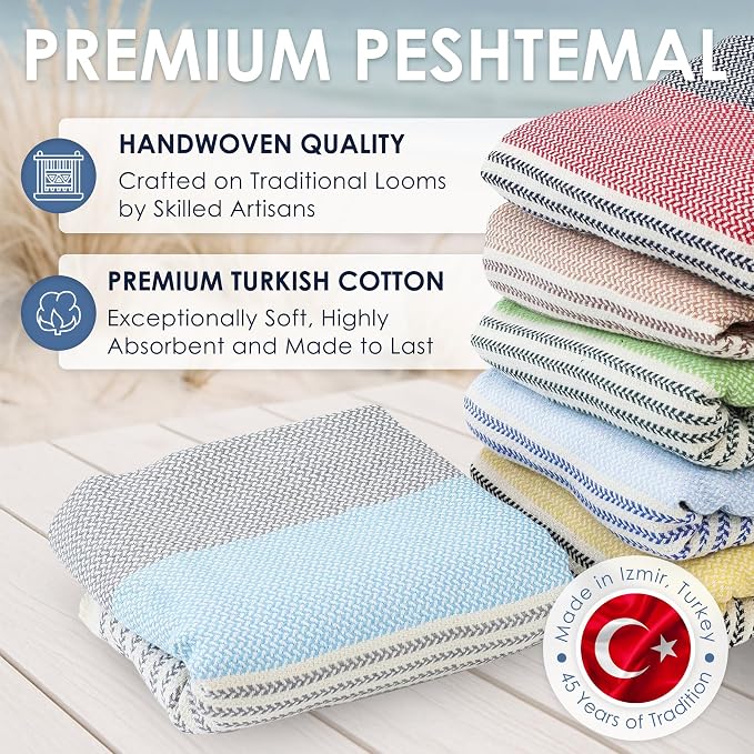 ATANI Turkish Beach Towel (71x39 Inches), Converts to a Bag, Oversized 100% Cotton Bath Towels Lightweight Quick-Dry Beach Blanket for Travel, Picnic, Camping, Yoga and Pool(Grey x Turquise)
