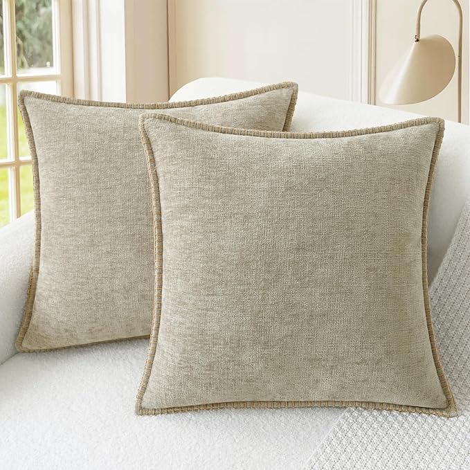 CaliTime Decorative Couch Throw Pillow Covers 22 X 22 Inches Light Taupe | Pack of 2, Cozy Chenille Cushion Cases, Cotton Thread Stitching Edges, for Sofa Bed Living Room Farmhouse