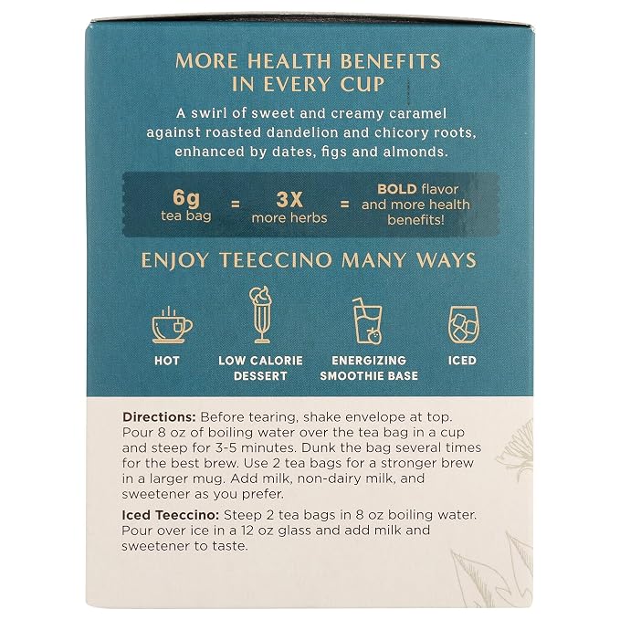 Teeccino Dandelion Caramel Nut Tea - 10 Tea Bags - Caffeine Free, Roasted Herbal Tea with Prebiotics, 3x More Herbs than Regular Tea Bags, Gluten Free