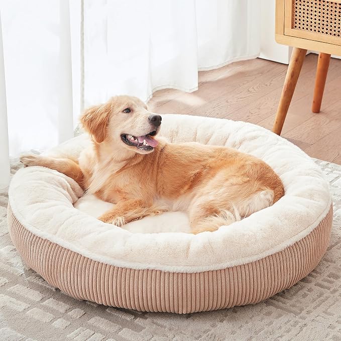 36 inches Calming Donut Dog Bed for Large Dogs,Brown | Round Pet Bed with Removable&Washable Cover,Plush Faux Fur & Corduroy, Fits Pets up to 80 lbs