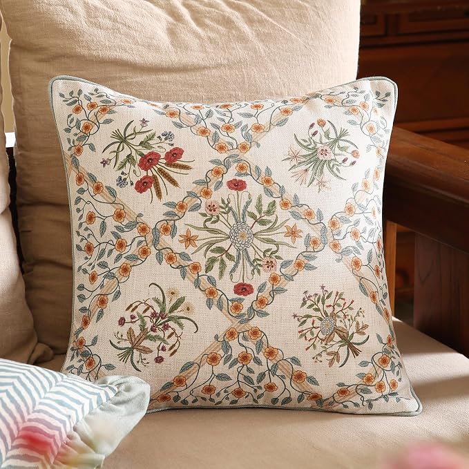 Vintage Linen Throw Pillow Cover,Set of 2,18"x18"-Serenity A | Designer Elegant Square Pillow Cover,Concealed Zipper Design,Floral Pattern,Sofa,Bedroom,Living Room,Lounge Chairs