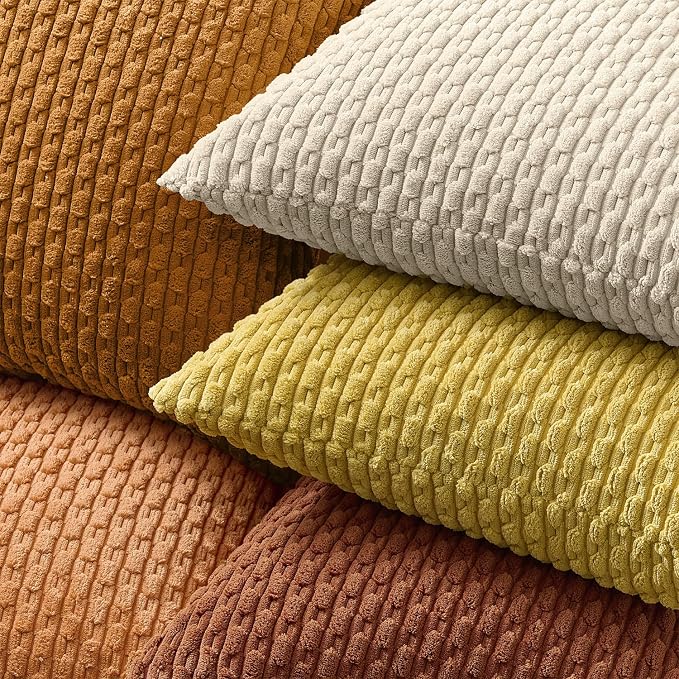 Kevin Textile Soft Corduroy 14"x22" Lumbar Pillow Cover 1 Pack, Beige | Boho Stripe Plush Corduroy Decorative Oblong Cushion Cover Modern Farmhouse Home Decor for Sofa Couch Bed Chair