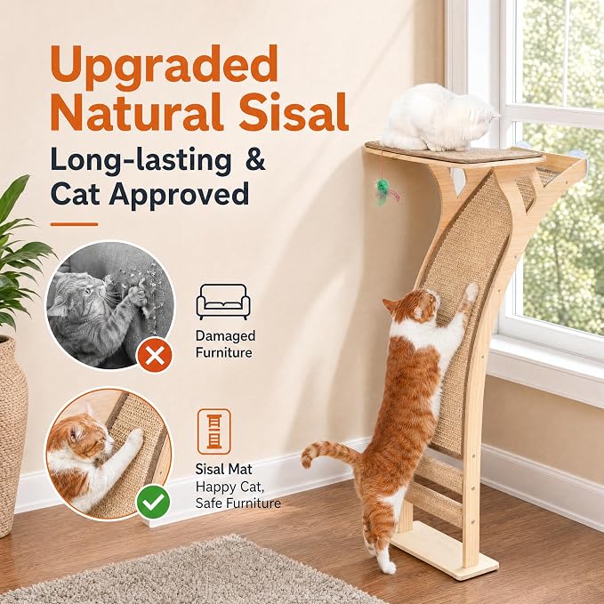 Cat Window Perch with Scratcher Ramp, 48-Inch Tall Wooden Climbing Tree | Fits Windows 13 Inches Wide or More;Heavy-Duty Suction Cups; Drill-Free; Sisal Scratching Mat; Holds Up to 45 lbs