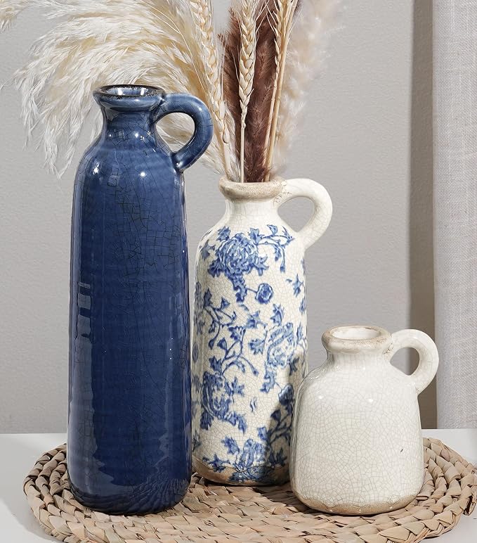 Ceramic Vase Set, 3Pcs Flower Vases for Modern Boho Farmhouse Decor, Decorative Vases for Pampas Grass & Dried Flowers, Distressed Finish