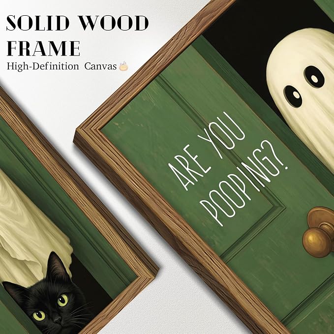 Funny Halloween Bathroom Wall Art, Vintage Cute Ghost Cat Canvas Wall Decor Paintings, Funny Are You Pooping Artwork Poster Print Picture for Bathroom Restroom 8x10 Inch Framed