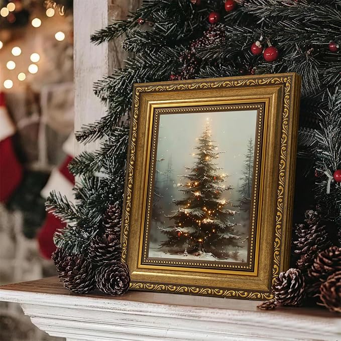 Fantasy Artists Christmas Framed Canvas Wall Art, Lighted Christmas Tree in Snowy Forest Gold Frame Print, Vintage Winter Holiday Decor for Living Room Bedroom Entryway, Ready to Hang, 8" Wx10 H