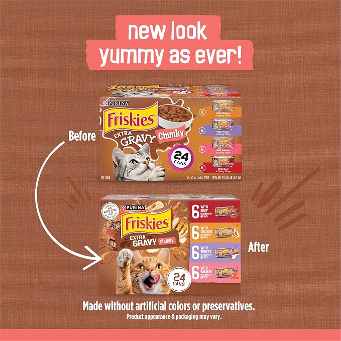 Friskies Purina Extra Gravy Wet Cat Food Chunky Variety Pack (with Chicken,Turkey,Salmon,Beef) - 5.5 oz. Cans,(Pack of 48)