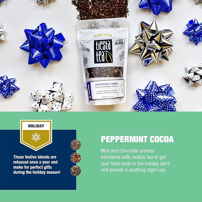 Tiesta Tea Cozy Peppermint Cocoa, Premium Loose Leaf Blends, Chocolate Peppermint Herbal Tea, Caffeine-Free, Holiday Blend, Holiday Edition, Hot or Iced Brew, Up to 25 Cups, 1.5oz Resealable Pouch