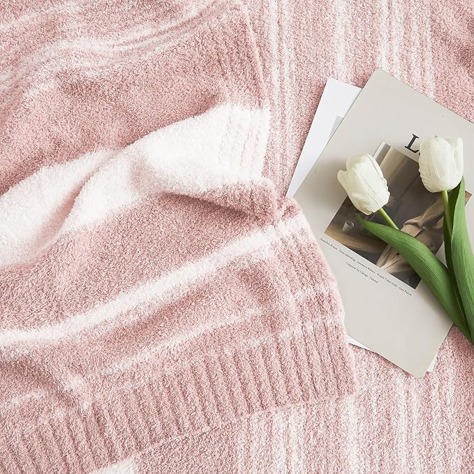 Soft Throw Blanket for Couch-Cozy Reversible Knitted Blankets | Lightweight Warm Fluffy Decor for Women, Mom, Her & Girls, Sofa, Chair, Bed, 50x70in, Pink Stripe