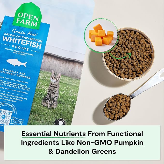 Open Farm Grain Free Dry Cat Food, Wild-Caught Whitefish Kibble, 8lb Bag | All Life Stages, High Protein, Prebiotic Fibers, 100% Traceable Ingredients, Non-GMO Fruits & Veggies.