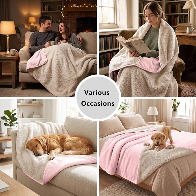 Waterproof Blanket for Dogs - Pet Throw as Furniture Protector | Cozy Sherpa & Smooth Velvet, Reversible and Machine Washable, for Couch, Bed, or Travel, 40"x50", Pink