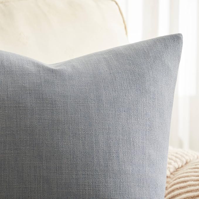 Rustic Linen Throw Pillow Covers Set of 2, Blue Ashes 18x18in | Textured Pillow Case, Rustic Cotton Linen Fabric, Modern Farmhouse Cushion Covers for Sofa Bed Living Room Home Decor